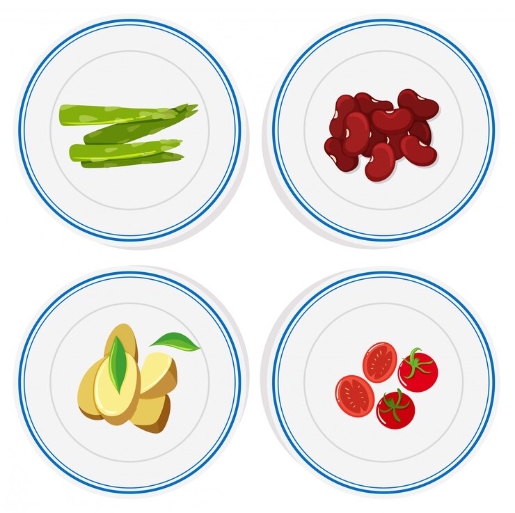 Vecteur gratuit différents légumes sur des assiettes rondes