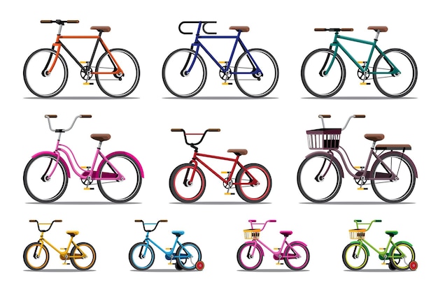 Vecteur gratuit différents modèles et styles de vélos parmi lesquels les cyclistes peuvent choisir en fonction de leur âge et de leur utilisation. vélo d'illustration de dessin animé de vecteur isolé sur fond blanc.