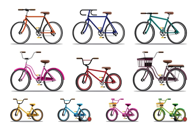 Différents Modèles Et Styles De Vélos Parmi Lesquels Les Cyclistes Peuvent Choisir En Fonction De Leur âge Et De Leur Utilisation. Vélo D'illustration De Dessin Animé De Vecteur Isolé Sur Fond Blanc.