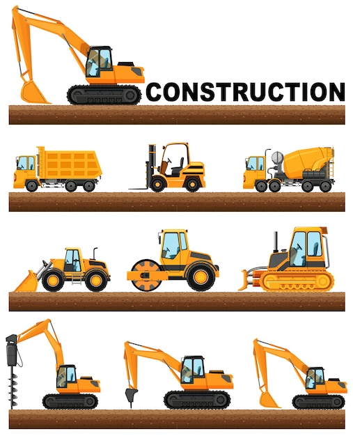 Différents Types De Camions De Construction Sur Le Terrain