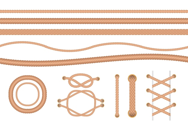Vecteur gratuit différents types d'illustrations vectorielles de corde définies. collection de dessins animés de nœuds et de boucles marins, bordure nautique isolée sur fond blanc. décoration, texture, concept de mode