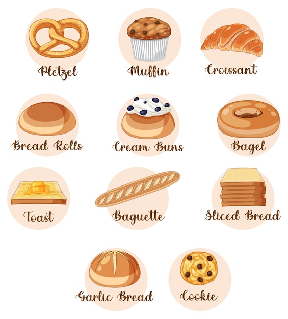 Vecteur gratuit différents types de pain avec nom