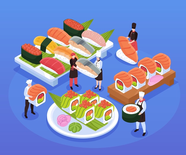 Vecteur gratuit différents types de sushis et de makis sur des plateaux et des assiettes et de minuscules caractères de composition isométrique de chefs sur illustration vectorielle fond bleu