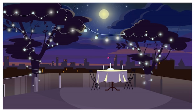 Dîner Romantique Sur Le Toit Avec Illustration De La Table Servie