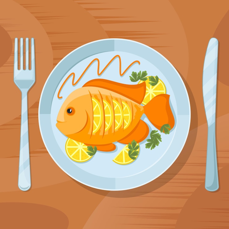 Vecteur gratuit dîner sain de poisson frais. illustration de plat délicieux de poisson. délicieux poisson sur assiette avec fourchette et couteau