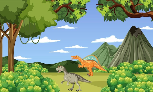 Vecteur gratuit dinosaure dans la scène forestière préhistorique