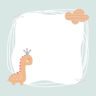 Dinosaure mignon avec un cadre de tache dans un style simple dessiné à la main. modèle pour votre texte ou photo. idéal pour les cartes, les invitations, les fêtes, les jardins d'enfants, les écoles maternelles et les enfants