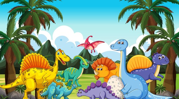 Des dinosaures colorés dans la jungle préhistorique