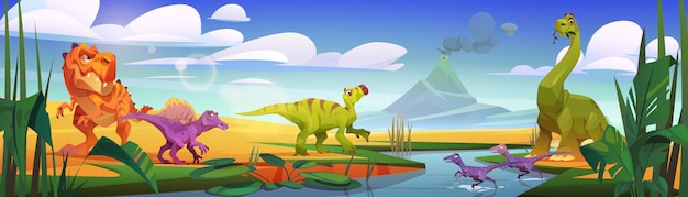 Vecteur gratuit dinosaures de dessin animé buvant de l'eau de la rivière