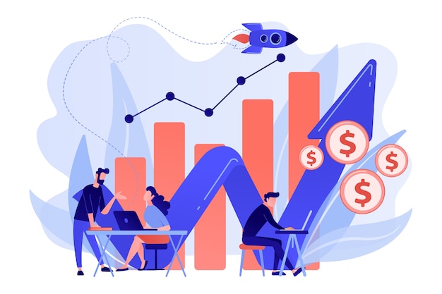 Directeurs des ventes avec ordinateurs portables et diagramme de croissance. Croissance des ventes et concept de gestionnaire, comptabilité, promotion des ventes et opérations sur fond blanc.