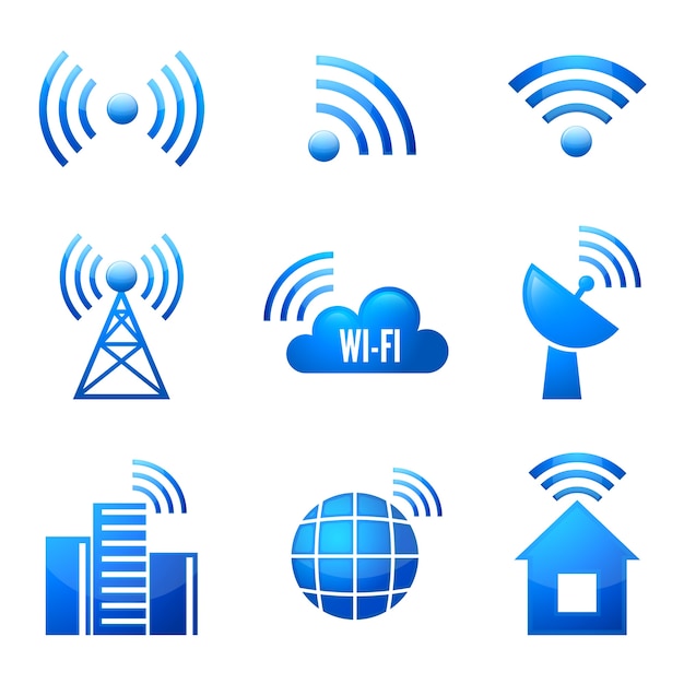 Vecteur gratuit dispositif électronique connexion internet sans fil symbole wifi icônes brillantes ou autocollants ensemble illustration vectorielle isolée