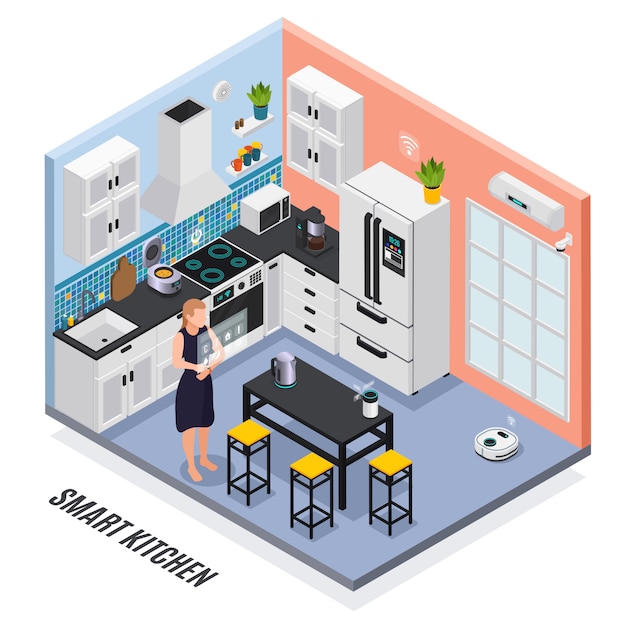 Vecteur gratuit dispositifs iot intérieurs de cuisine intelligente contrôlés avec une composition isométrique à écran tactile avec illustration de réfrigérateur multi-cuisinière