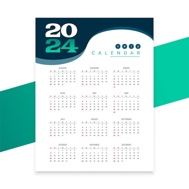 Vecteur gratuit disposition du calendrier anglais annuel de style courbé 2024 avec vecteur tactile professionnel