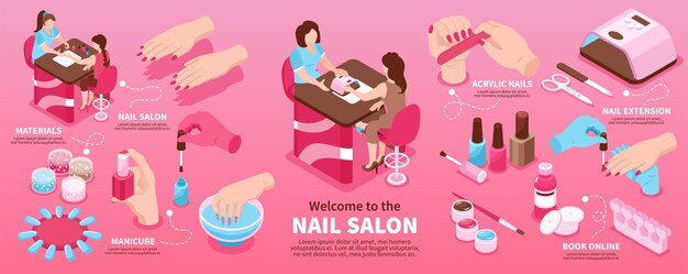 Disposition d'infographie isométrique de salon de manucure favorisant le livre d'extension d'ongle de nouveaux matériaux en ligne