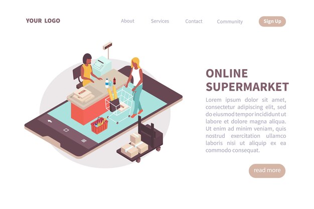 Disposition De La Page De Destination Du Supermarché En Ligne Avec Place Pour Les Informations Textuelles Sur Les Services Et Les Contacts Isométriques