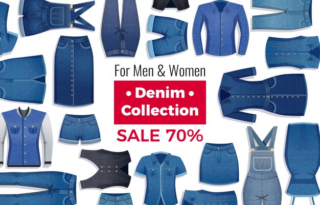 Disposition publicitaire de la vente avec remise de vêtements en jean sur blanc