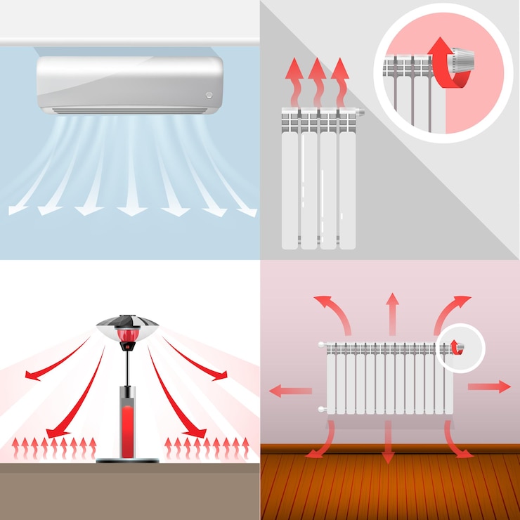 Vecteur gratuit divers appareils de chauffage intérieurs et extérieurs avec des flèches indiquant les flux d’air, ensemble plat 2x2, illustration vectorielle isolée