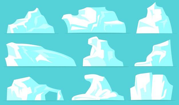 Vecteur gratuit divers icebergs fixés. montagnes glacées blanches avec de la neige cristalline isolée sur fond bleu pâle. collection d'illustrations vectorielles pour paysage arctique, pôle nord, concept de nature antarctique