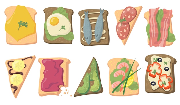 Vecteur gratuit divers plat de toasts savoureux pour la conception web. pain de mie de dessin animé avec des œufs, du poisson, du fromage, des tranches d'avocat, du bacon isolé collection d'illustration vectorielle. concept d'aliments sains et de petit-déjeuner