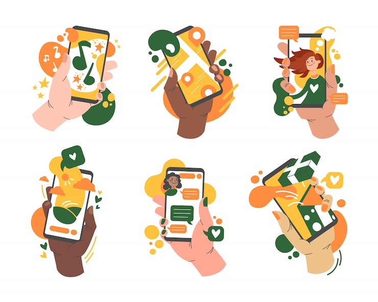 Vecteur gratuit diverses mains tenant des smartphones avec jeu d'applications