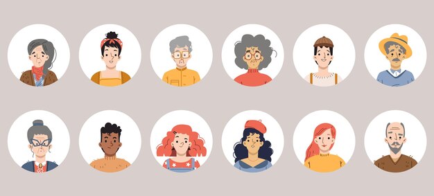 Diverses personnes avatars personne fait face pour le profil de médias sociaux Ensemble vectoriel de portraits masculins et féminins avec une coiffure différente Illustration plate de têtes de personnes adultes jeunes et seniors