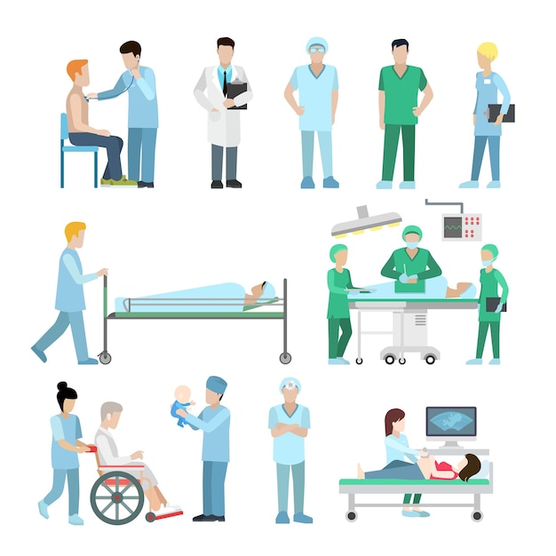 Diversité plate de matériel médical et ensemble d'équipement. Soins de santé, concept d'aide professionnelle. Échographie, chirurgien, thérapeute, infirmière et personnages de bébé.