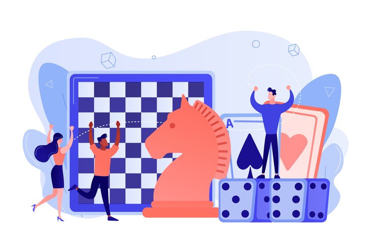 Vecteur gratuit divertissement de personnes minuscules jouant et gagnant des échecs, des cartes de jeu et des dés. jeu de société, activité de loisirs, concept d'activité pour toute la famille. illustration isolée de bleu corail rose