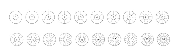 Vecteur gratuit divisez le cercle. jeu de cercles segmentés isolé sur fond blanc. élément de segment noir. vector rond 20 section