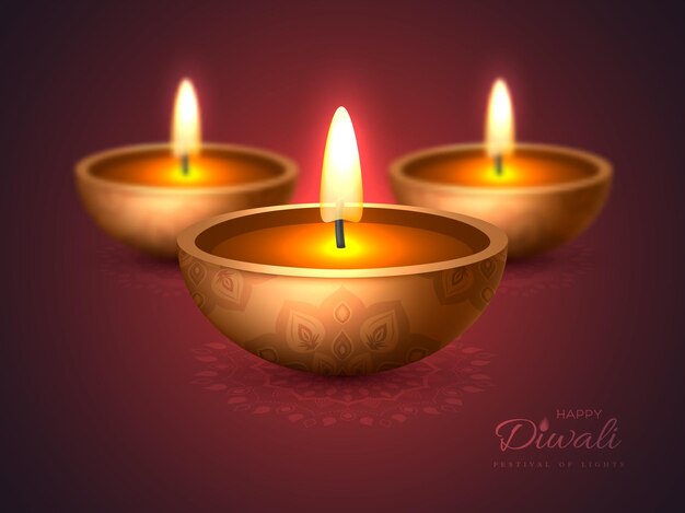 Diwali diya - lampe à huile. Conception de vacances pour le festival indien traditionnel des lumières. Style réaliste 3D avec effet de flou sur fond violet rangoli. Illustration vectorielle.