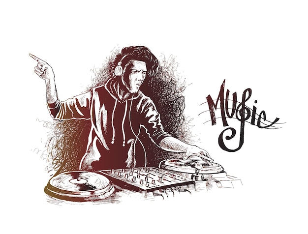 Vecteur gratuit dj avec la barbe mélangeant de la musique sur des platines illustration vectorielle de croquis dessinés à la main