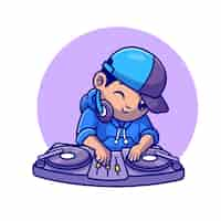 Vecteur gratuit dj mignon jouant de la musique cartoon vector icon illustration. concept d'icône musique personnes isolé vecteur premium. style de dessin animé plat