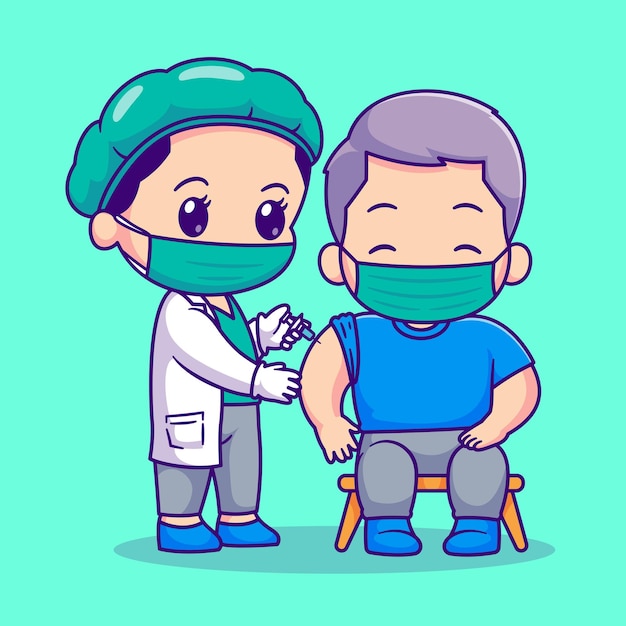 Docteur Mignon Injectant L'illustration D'icône De Vecteur De Dessin Animé Patient. Icône De Soins De Santé Personnes Isolé Plat