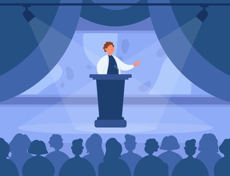 Vecteur gratuit docteur parlant du podium sur scène lors d'une conférence