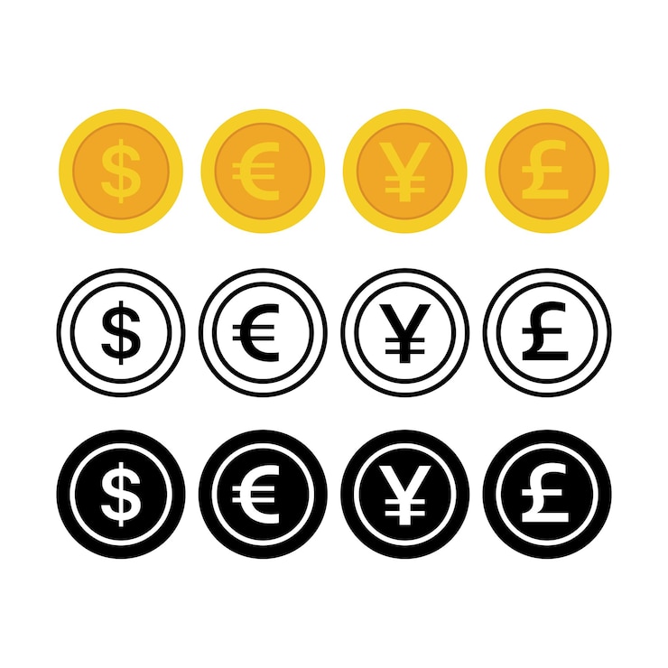 Vecteur gratuit dollar livre euro et yen pièces