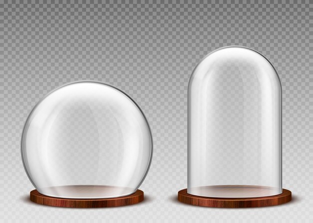 Dôme de verre vide, cloche claire sur podium en bois
