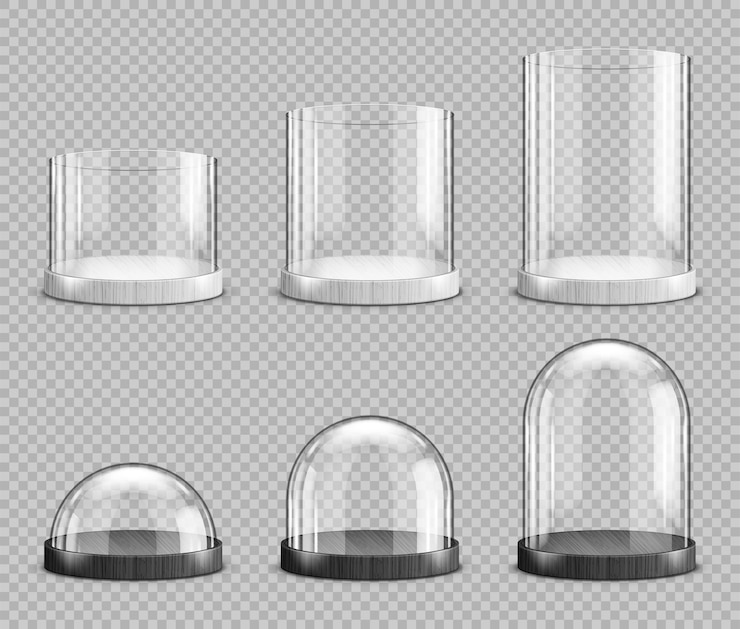 Vecteur gratuit dômes et cylindres en verre réalistes, souvenirs de boule à neige de noël, contenants de demi-sphère en cristal isolés sur une base de petite, moyenne et grande taille. maquette de cadeau de noël festif, ensemble 3d réaliste