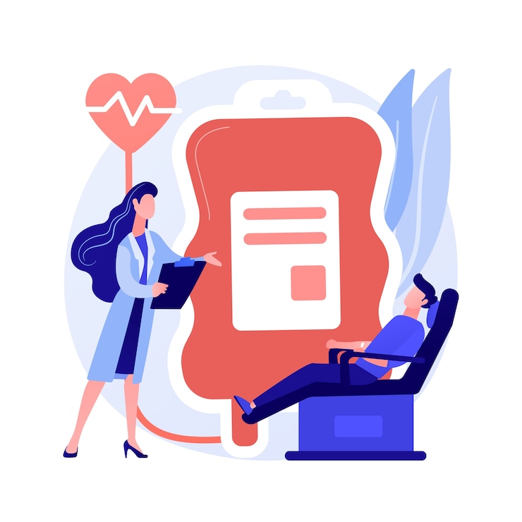 Vecteur gratuit don de sang. médecin et personnages de dessins animés du patient. bénévole faisant un don de sang pour transfusion à l'hôpital. santé, laboratoire, donneur. illustration de métaphore de concept isolé de vecteur