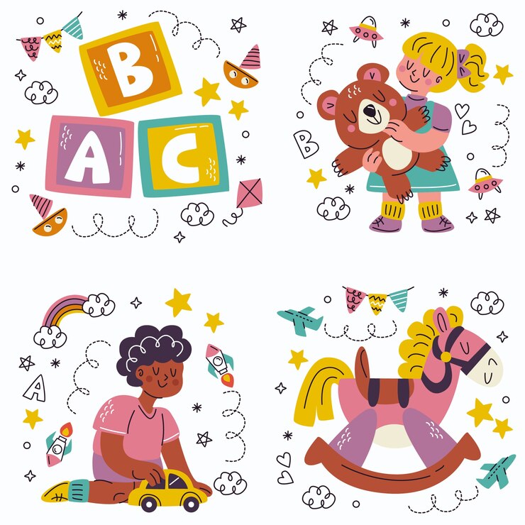 Vecteur gratuit doodle collection d'autocollants de maternelle dessinés à la main