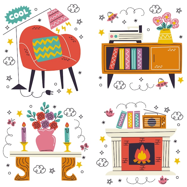 Vecteur gratuit doodle collection d'autocollants de meubles et de design d'intérieur dessinés à la main