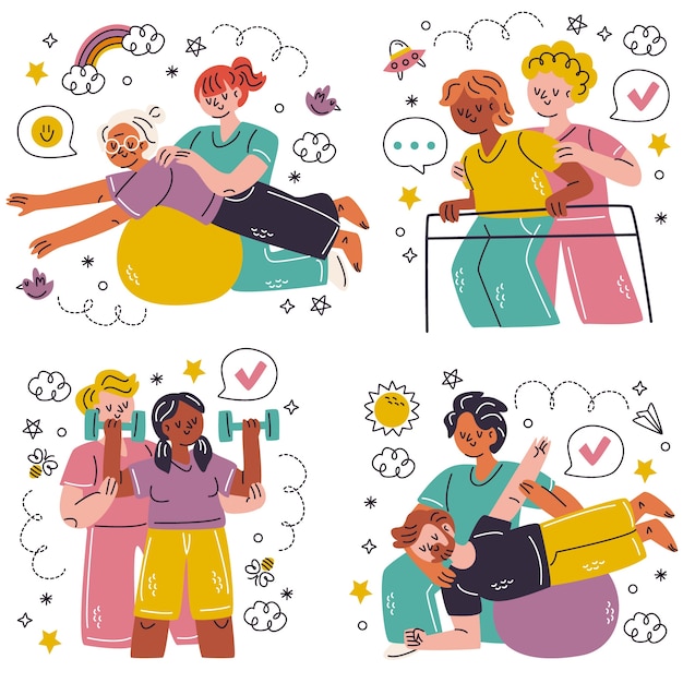 Vecteur gratuit doodle collection d'autocollants de physiothérapie dessinés à la main