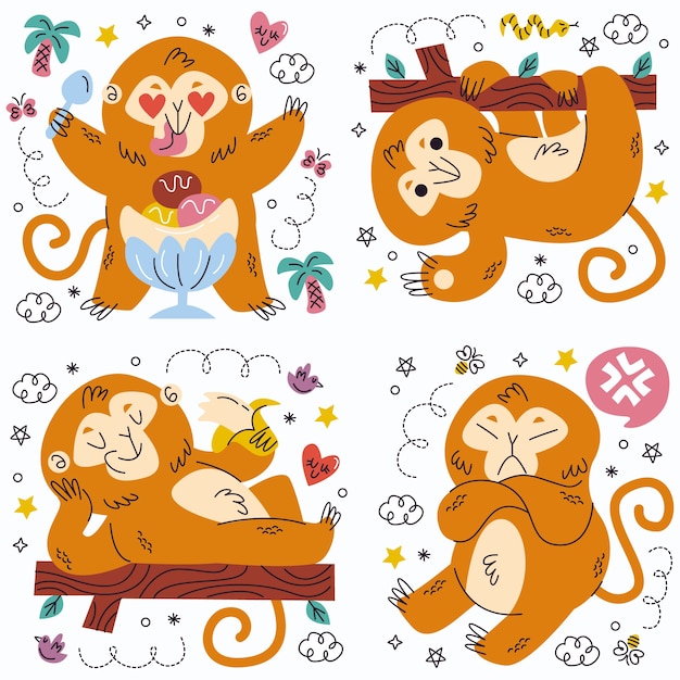 Doodle Collection D'autocollants De Singe Dessinés à La Main