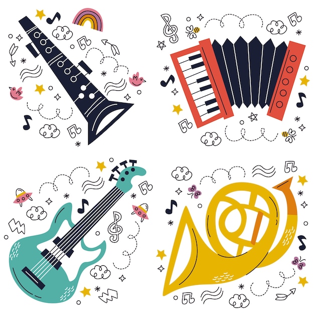 Vecteur gratuit doodle ensemble d'autocollants d'instruments de musique dessinés à la main