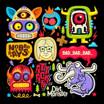 Doodle icônes autocollant monstre mignon dessinés main coloriage vector