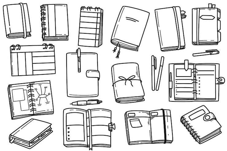 Vecteur gratuit doodle illustration ensemble de cahiers papeterie et planificateurs