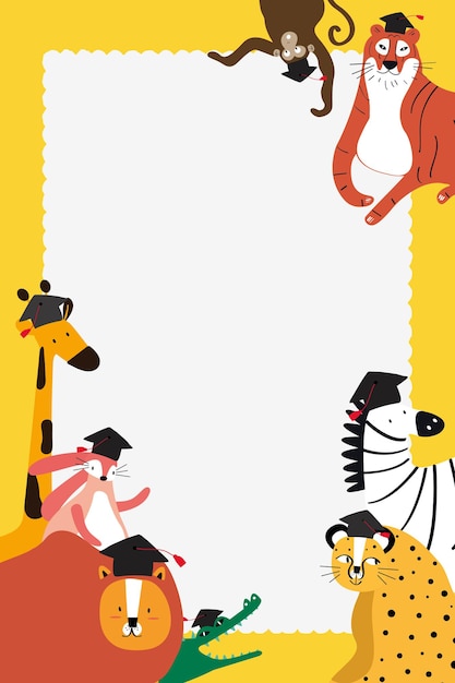 Vecteur gratuit doodle vecteur de cadre safari en jaune avec des animaux mignons pour les enfants