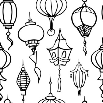 Doodle vecteur transparente motif de lanternes en papier chinois plat icônes décoration orientale de la chine cul...
