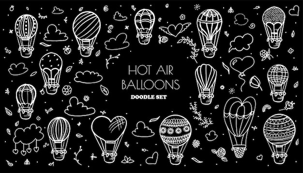 Doodle vector set de ballons à air chaud avec nuages main colorée dessiner illustration véhicules volants ro...