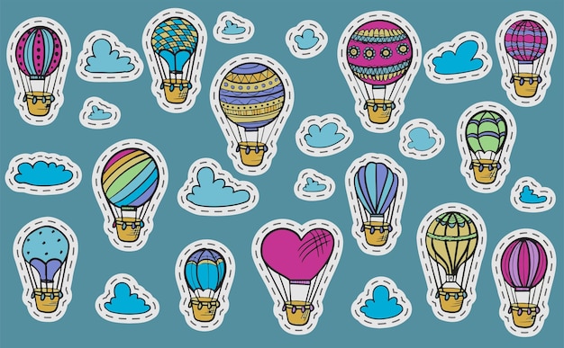 Doodlevector ensemble de ballons à air chaud avec nuages main colorée dessiner illustration d'autocollants volant veh...
