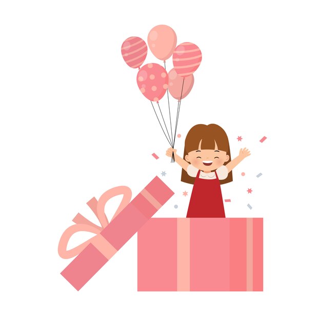 Douce Petite Fille Fait Une Fete D Anniversaire Surprise Avec Des Confettis Et Des Ballons A L Interieur D Une Enorme Boite Cadeau Style De Dessin Anime Plat Isole Sur Fond Blanc Vecteur Premium