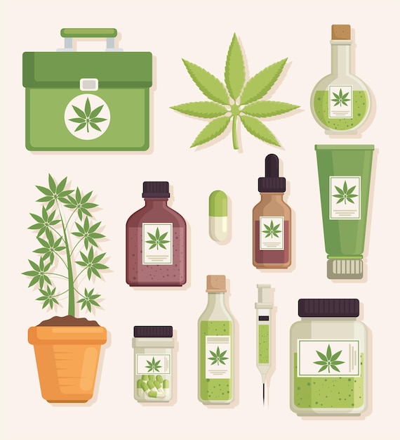 Vecteur gratuit douze icônes de cannabis médicinal